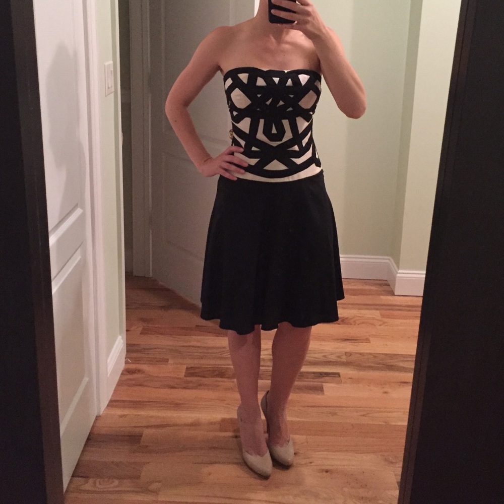 Reiss Black and White Strapless Fit and Flare Dress